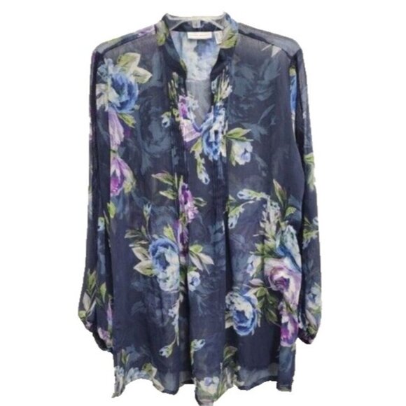 Susan Graver Womens BOHO Blouse Top Medium NavyFloral Sheer Chiffon Long Sleeve - Picture 1 of 11